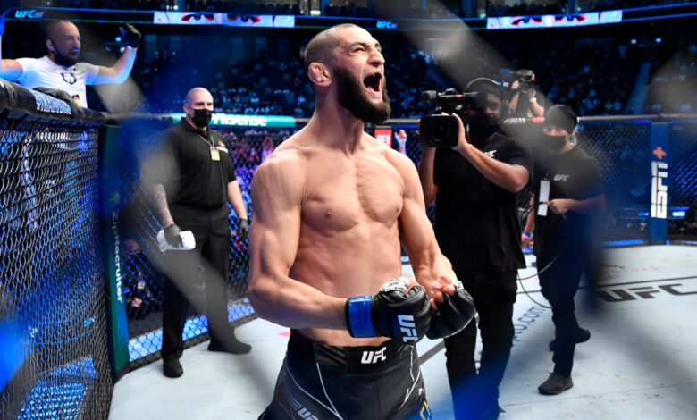 Khamzat Chimaev celebrates UFC win