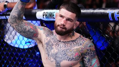 Sean Brady reacts during his introduction at UFC London