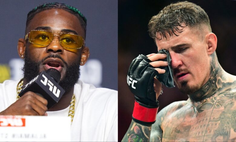 Aljamain Sterling speaks at the UFC 310 press conference, opposite Tom Aspinall at UFC 321