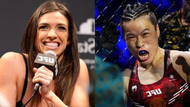 Mackenzie Dern answers a question during the UFC 273 press conference, opposite Zhang Weili in the Octagon at UFC 312