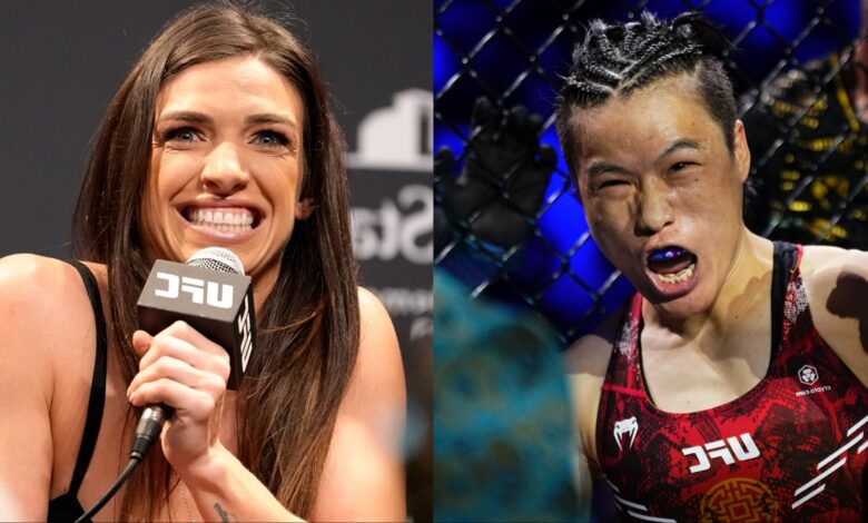 Mackenzie Dern answers a question during the UFC 273 press conference, opposite Zhang Weili in the Octagon at UFC 312