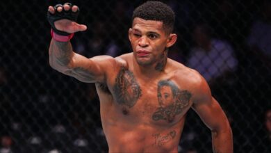 Patchy Mix gestures to his opponent during his fight at UFC 320