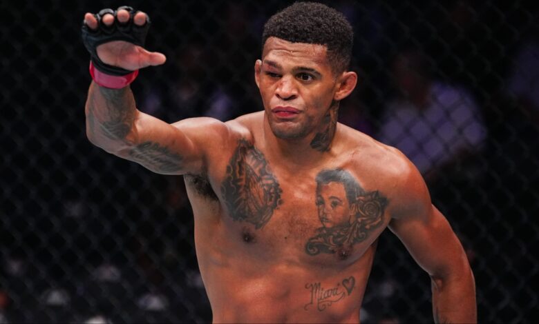 Patchy Mix gestures to his opponent during his fight at UFC 320