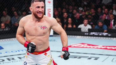 Merab Dvalisvili during UFC 320 title fight