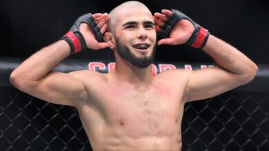 Muhammad Mokaev enters the Octagon for his fight at UFC 304