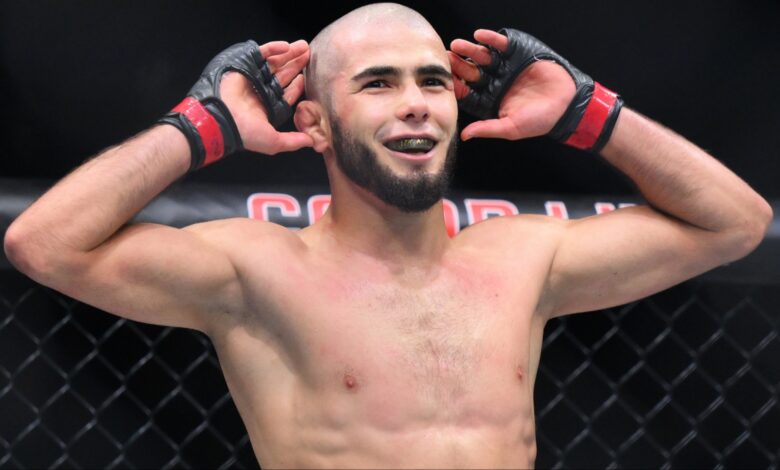 Muhammad Mokaev enters the Octagon for his fight at UFC 304