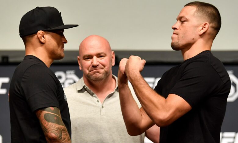 Dustin Poirier and Nate Diaz face off at a UFC press conference