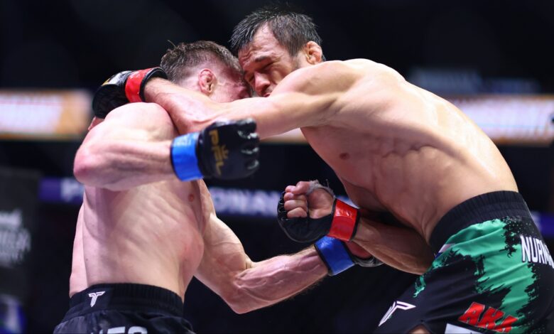 Paul Hughes and Usman Nurmagomedov collide during their fight at PFL Champions Series 3