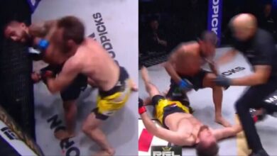 Sergio Pettis lands a spinning elbow on opponent Magomed Magomedov, opposite Pettis punching a flattened Magomedov