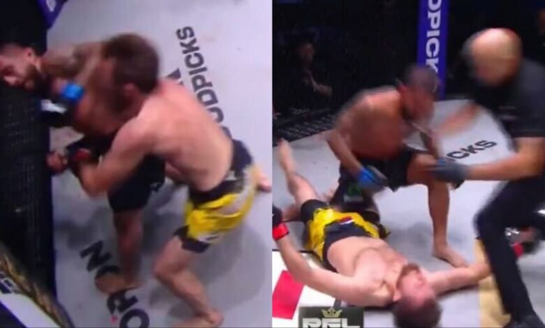 Sergio Pettis lands a spinning elbow on opponent Magomed Magomedov, opposite Pettis punching a flattened Magomedov