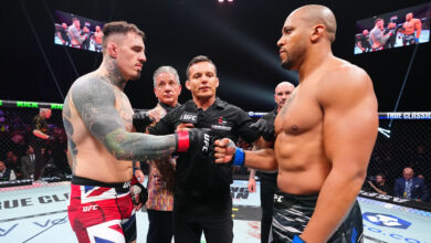 Tom Aspinall and Ciryl Gane fist bump at UFC 321