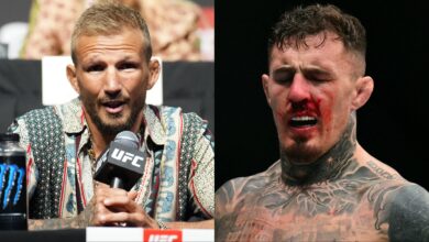 TJ Dillashaw appears at the UFC 280 press conference, opposite Tom Aspinall after an eye poke at UFC 321