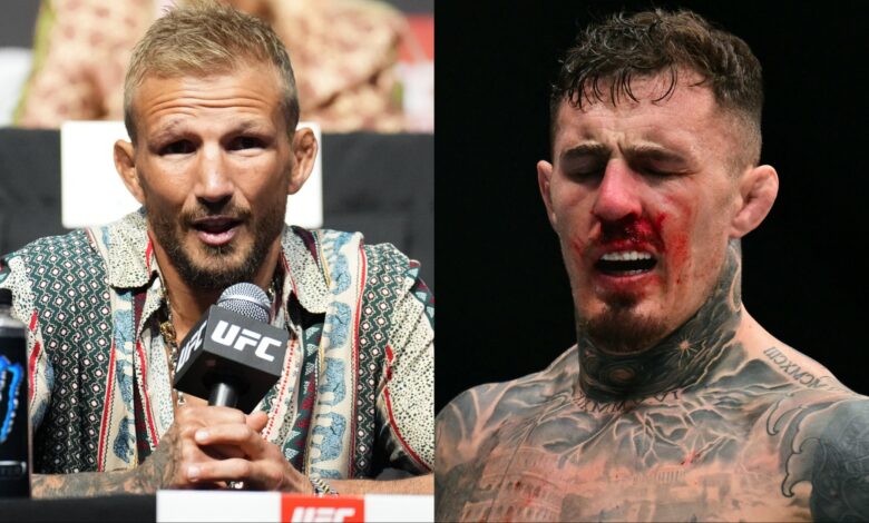 TJ Dillashaw appears at the UFC 280 press conference, opposite Tom Aspinall after an eye poke at UFC 321