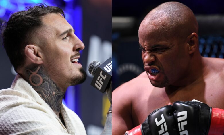 Tom Aspinall speaks at a UFC 304 press conference, opposite Daniel Cormier in the cage at UFC 252
