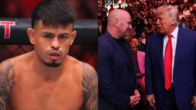 Brandon Rovyal in the Octagon at UFC 317, opposite Donald Trump and Dana White cageside at UFC 314