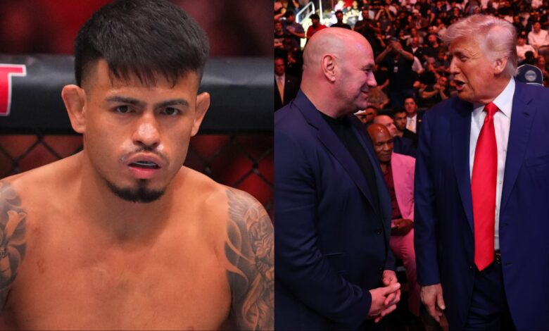 Brandon Rovyal in the Octagon at UFC 317, opposite Donald Trump and Dana White cageside at UFC 314