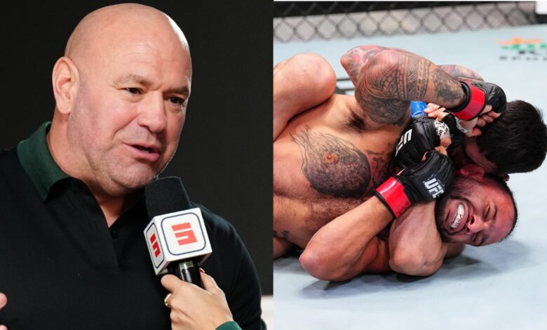 Dana White speaks with Laura Sanko after a Dana White's Contender Series episode, opposite Yadier del Valle submitting Isaac Dulgarian