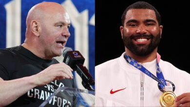 Dana White speaks at a Canelo vs. Crawford press conference, opposite Gable Steveson holding an Olympic gold medal