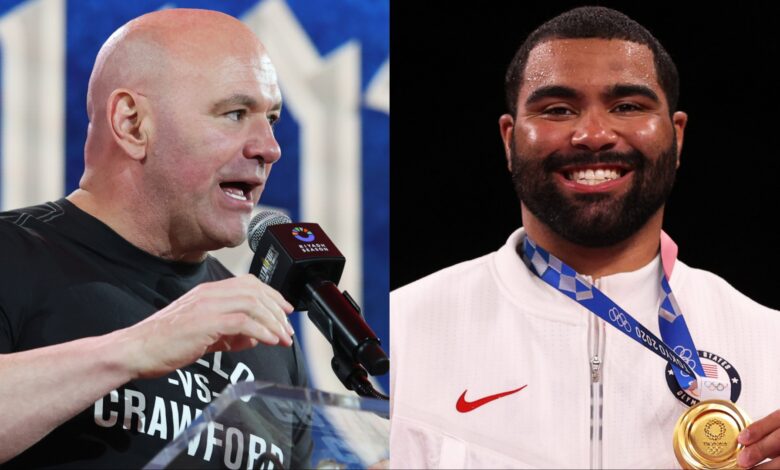 Dana White speaks at a Canelo vs. Crawford press conference, opposite Gable Steveson holding an Olympic gold medal