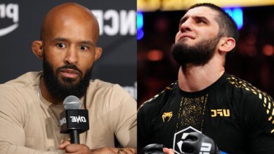 Demetrious Johnson speaks at a ONE press conference, opposite Islam Makhachev after UFC 322