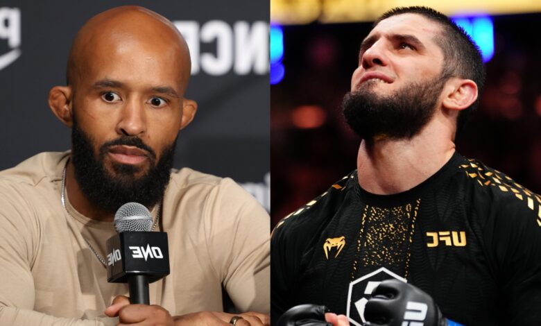 Demetrious Johnson speaks at a ONE press conference, opposite Islam Makhachev after UFC 322