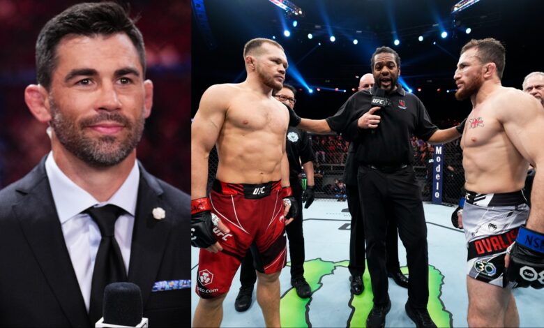 Dominick Cruz cageside at UFC 315, opposite Petr Yan and Merab Dvalishvili in the Octagon