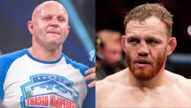Fedor Emelianenko celebrates a Bellator win, opposite Jack Della Maddalena after UFC 322