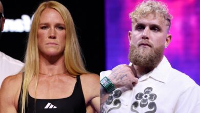 Holly Holm poses on stage at the Jake Paul vs. Julio Cesar Chavez Jr. ceremonial weigh-in