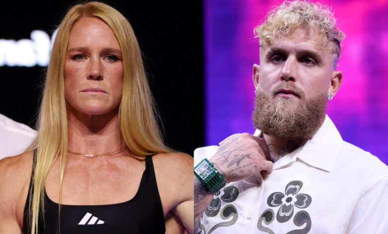 Holly Holm poses on stage at the Jake Paul vs. Julio Cesar Chavez Jr. ceremonial weigh-in
