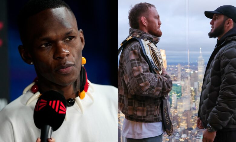 Israel Adesanya is interviewed during UFC 305 media day, opposite Jack Della Maddalena and Islam Makhachev facing off on top of the Empire State Building