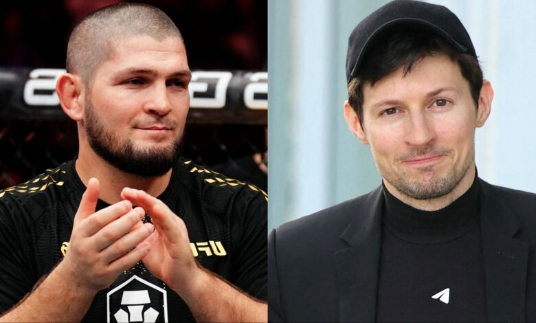 Khabib Nurmagomedov celebrates after Islam Makhachev's win at UFC 322, opposite Pavel Durov