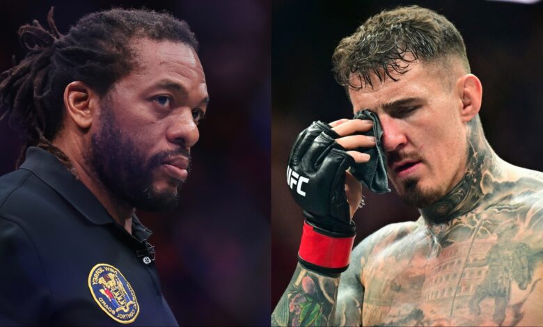 Herb Dean inside the Octagon at UFC 320, opposite Tom Aspinall at UFC 321