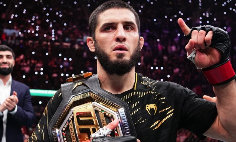 Islam Makhachev celebrates after a title win at UFC 311