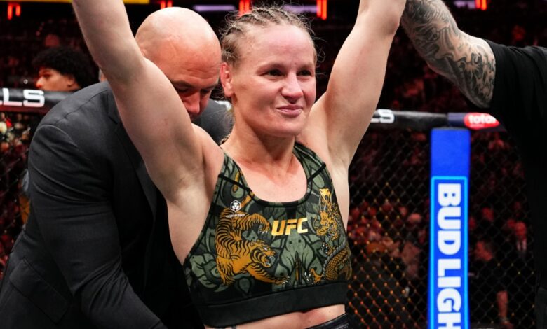 Valentina Shevchenko celebrates after he win at UFC 322