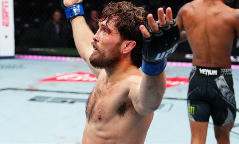 Ethyn Ewing celebrates after Round 3 of his fight at UFC 322