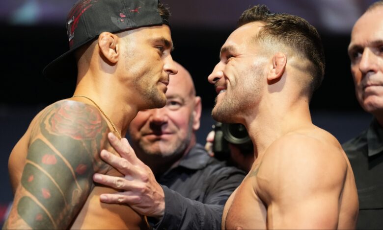 Dustin Poirier and Michael Chandler face off at the UFC 281 ceremonial weigh-in