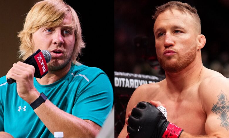 Paddy Pimblett speaks at a UFC X fan expo, opposite Justin Gaethje in the cage at UFC 313