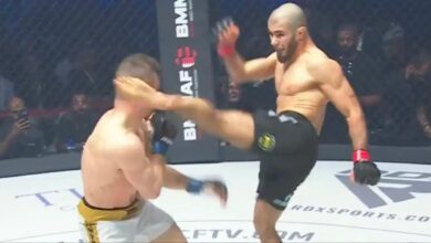 Muhammad Mokaev knocks out Gerard Burns with a head kick