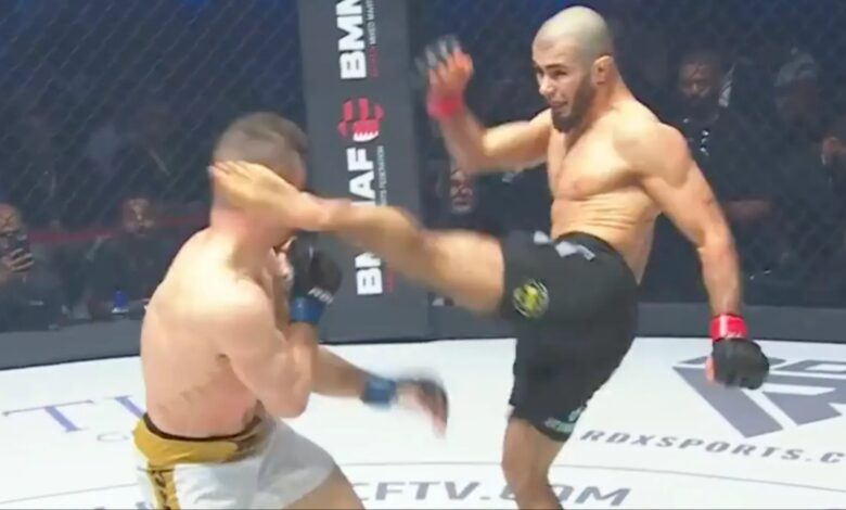 Muhammad Mokaev knocks out Gerard Burns with a head kick