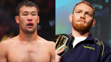 Shavkat Rakhmonov in the Octagon at UFC 310, opposite Jack Della Maddalena at the UFC 322 pre-fight press conference