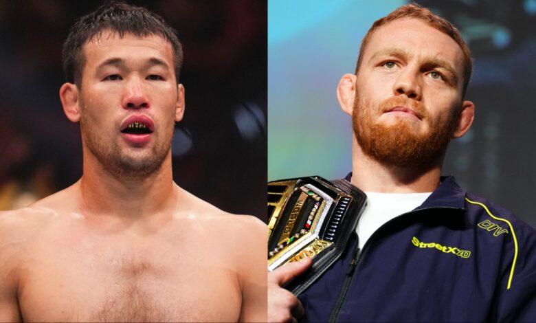 Shavkat Rakhmonov in the Octagon at UFC 310, opposite Jack Della Maddalena at the UFC 322 pre-fight press conference