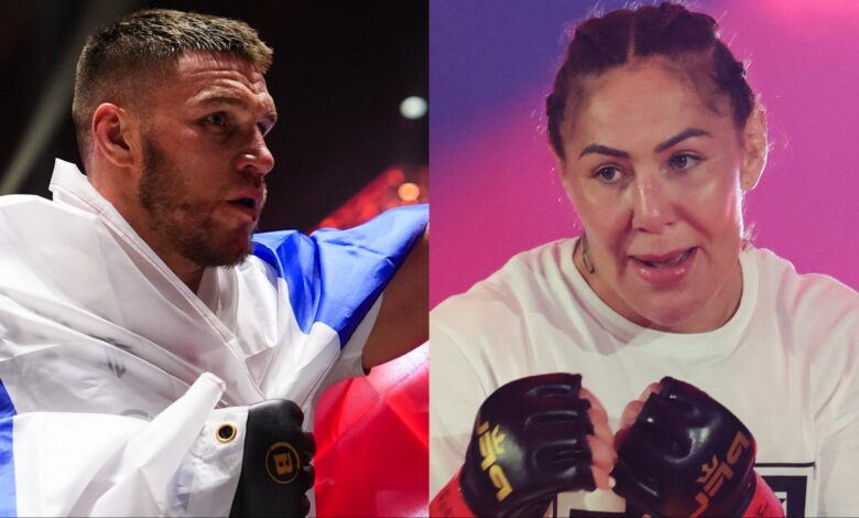 Vadim Nemkov celebrates after a win at PFL vs. Bellator, opposite Cris Cyborg walking out