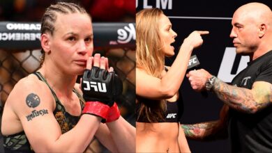 Valentina Shevchenko enters the Octagon at UFC 315, opposite Joe Rogan interviewing Ronda Rousey at a ceremonial weigh-in