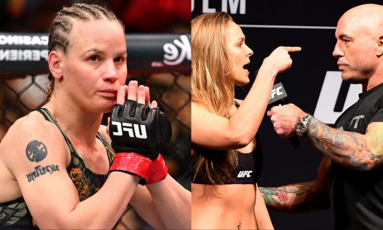 Valentina Shevchenko enters the Octagon at UFC 315, opposite Joe Rogan interviewing Ronda Rousey at a ceremonial weigh-in
