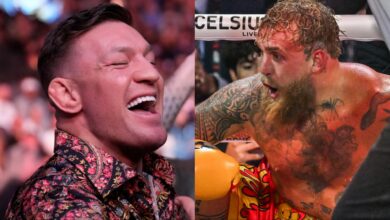 Conor McGregor laughs while attending a UFC event, opposite Jake Paul knocked down by Anthony Joshua