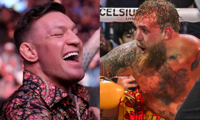 Conor McGregor laughs while attending a UFC event, opposite Jake Paul knocked down by Anthony Joshua