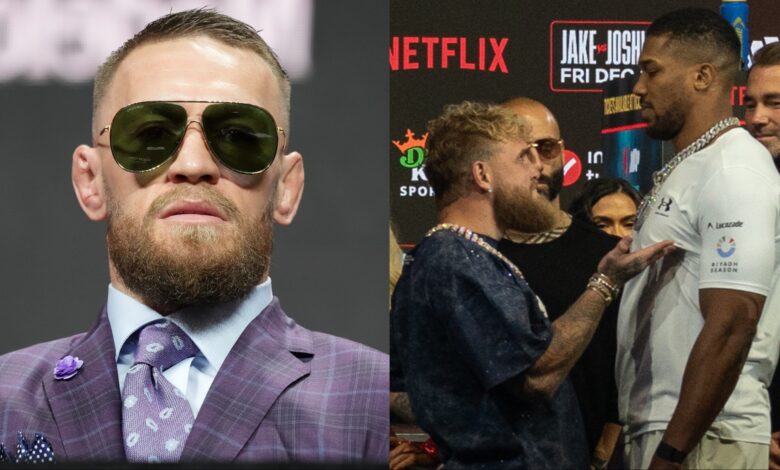 Conor McGregor at the UFC 264 press conference, opposite Jake Paul and Anthony Joshua facing off