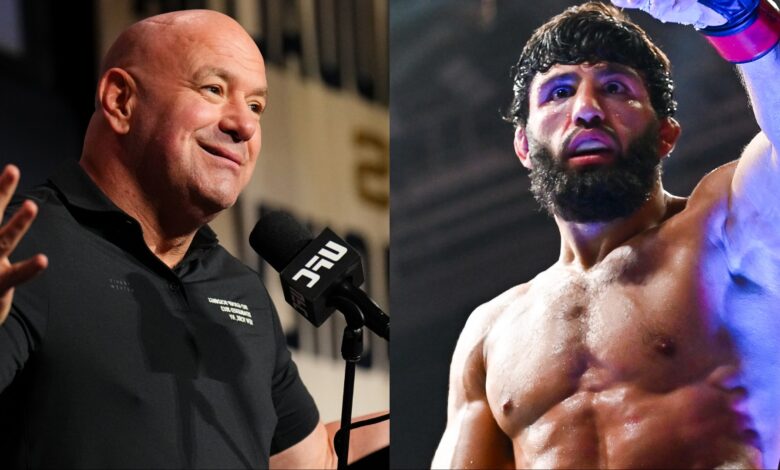 Dana White speaks during the UFC 322 press conference, opposite Arman Tsarukyan celebrating after a win at UFC Qatar