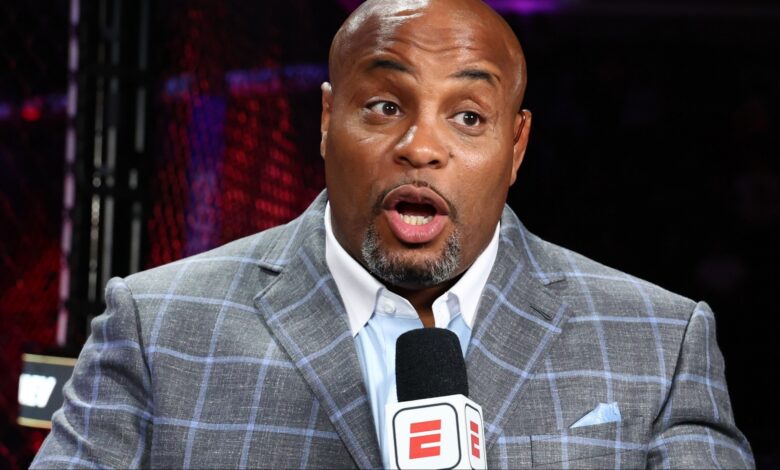 Daniel Cormier commentates cageside during a Dana White's Contender Series event