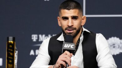 Ilia Topuria appears at a UFC 317 press conference
